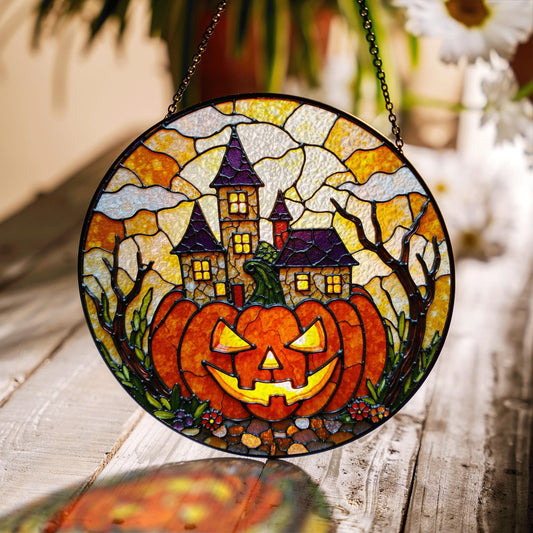 Haunted house pumpkin stained glass suncatcher Halloween window decor gift for spooky season lovers
