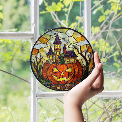 Haunted house pumpkin stained glass suncatcher Halloween window decor gift for spooky season lovers