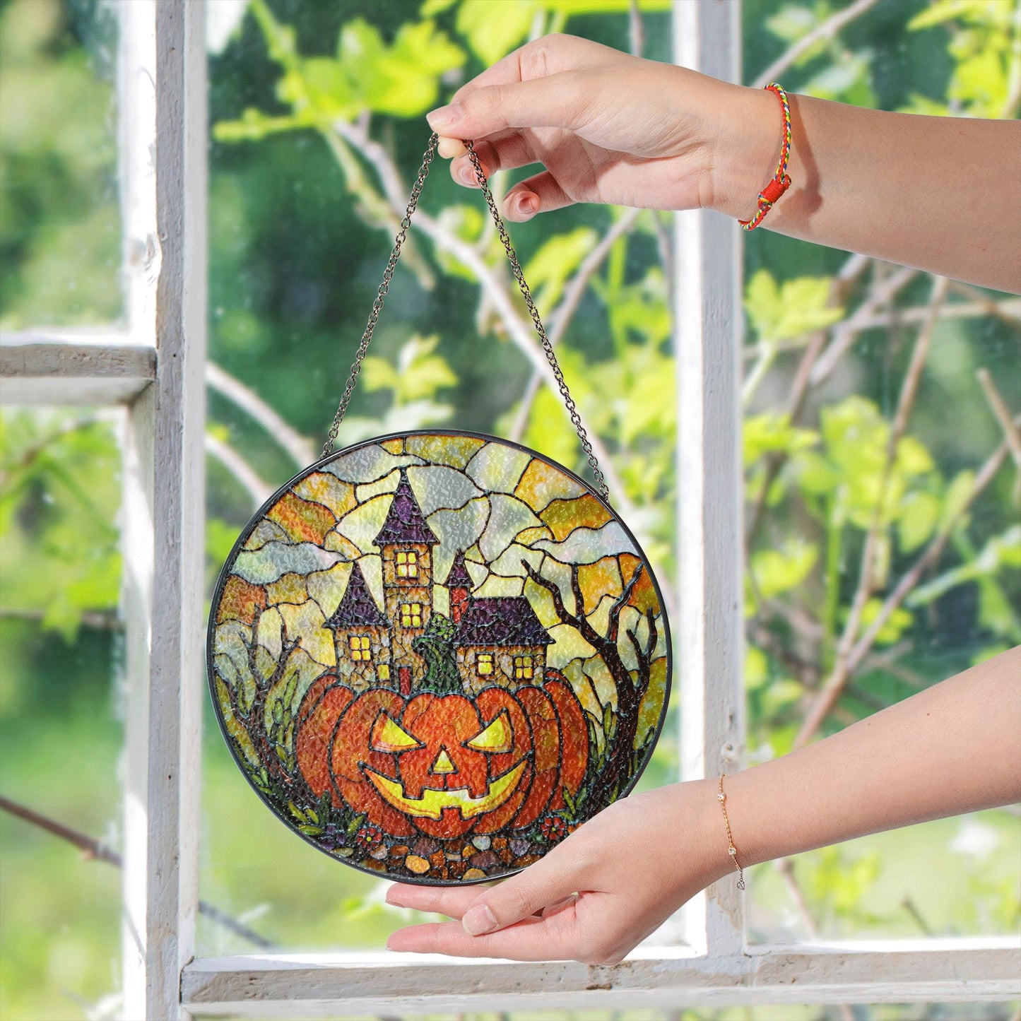 Haunted house pumpkin stained glass suncatcher Halloween window decor gift for spooky season lovers