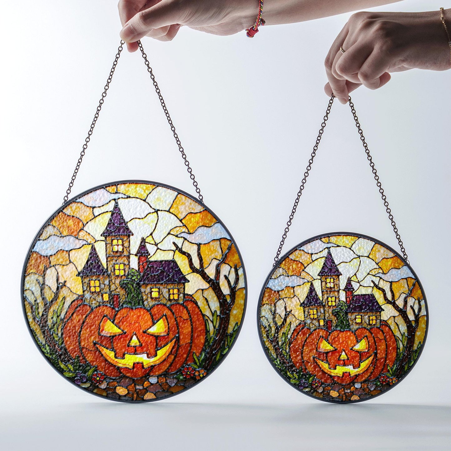 Haunted house pumpkin stained glass suncatcher Halloween window decor gift for spooky season lovers