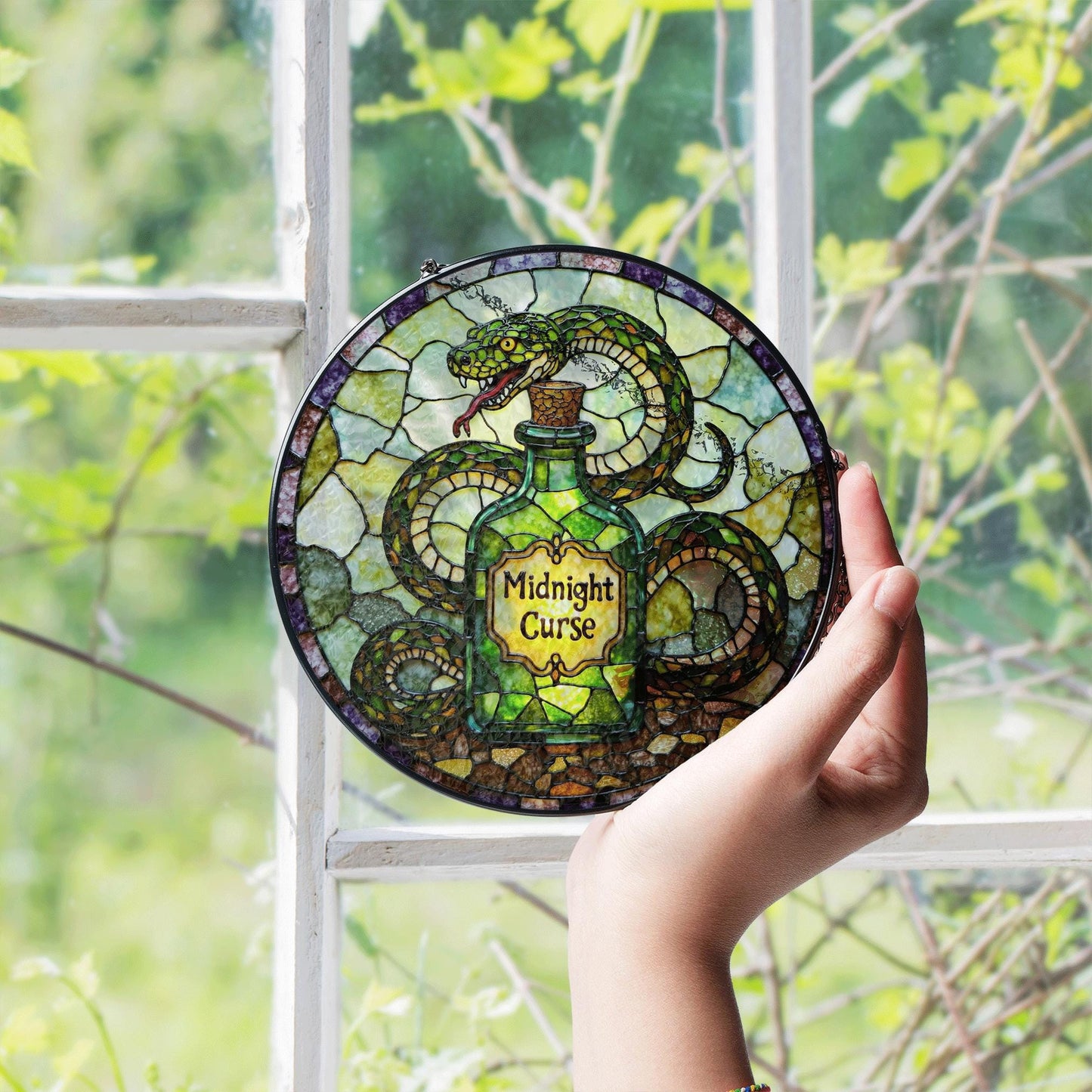 Green snake potion bottle suncatcher stained glass gothic decor Halloween gift