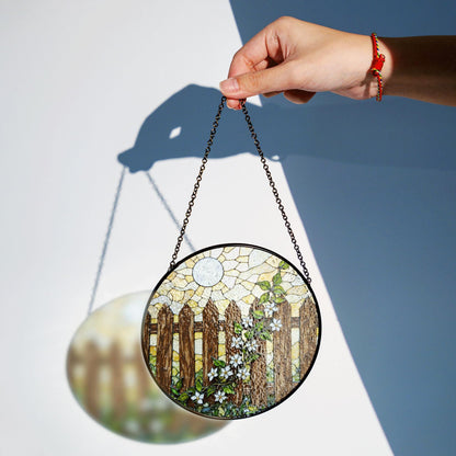 Rustic wooden fence with white flowers stained glass suncatcher gift for nature lovers