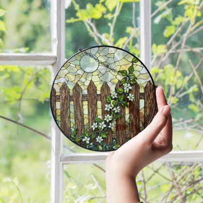 Rustic wooden fence with white flowers stained glass suncatcher gift for nature lovers