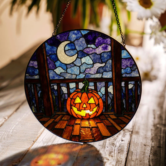 Glowing Pumpkin Moonlit Porch Halloween Stained Glass Suncatcher Gift for Mom Friends or Pumpkin Lovers
