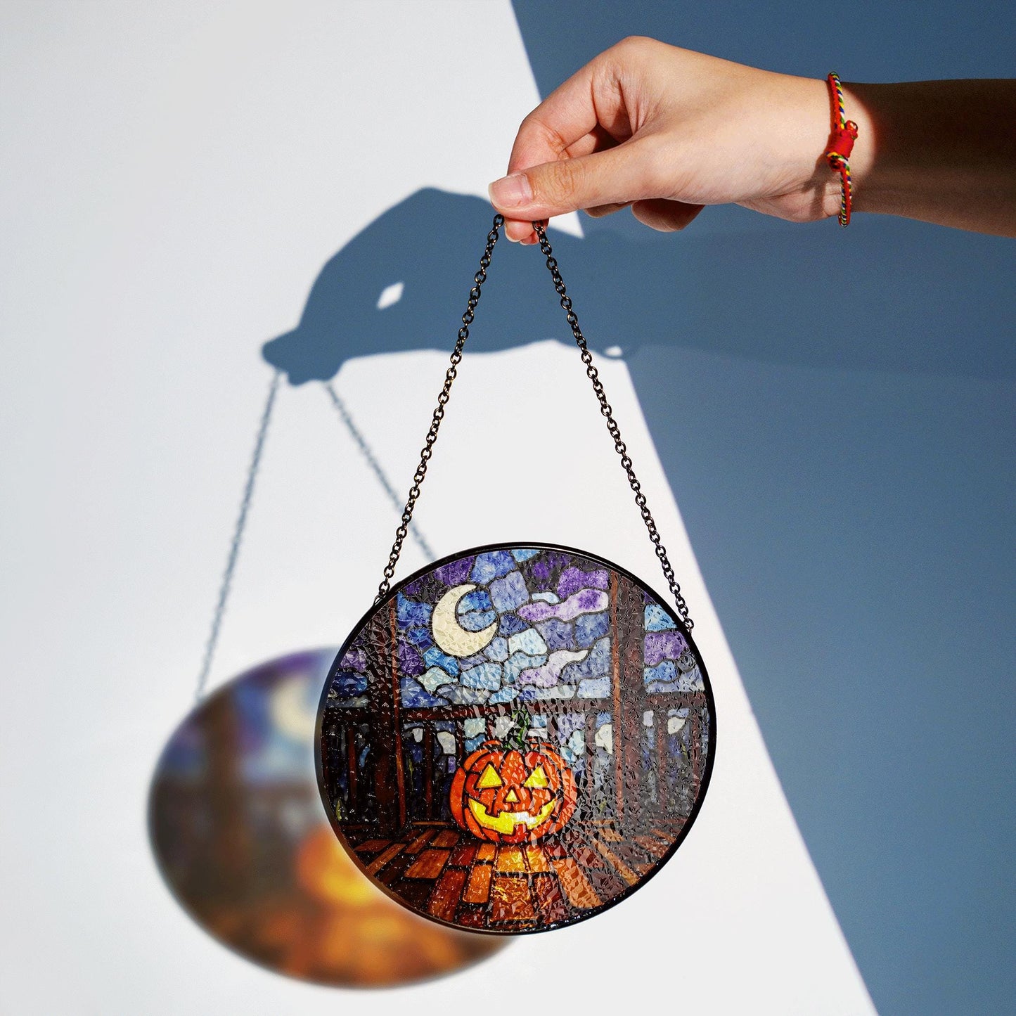 Glowing Pumpkin Moonlit Porch Halloween Stained Glass Suncatcher Gift for Mom Friends or Pumpkin Lovers