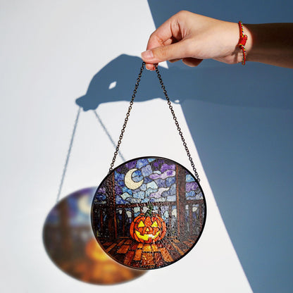 Glowing Pumpkin Moonlit Porch Halloween Stained Glass Suncatcher Gift for Mom Friends or Pumpkin Lovers