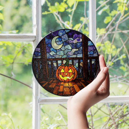 Glowing Pumpkin Moonlit Porch Halloween Stained Glass Suncatcher Gift for Mom Friends or Pumpkin Lovers