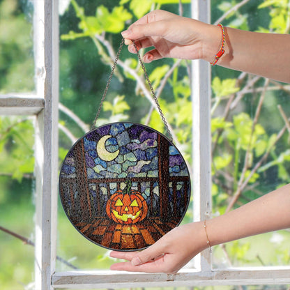 Glowing Pumpkin Moonlit Porch Halloween Stained Glass Suncatcher Gift for Mom Friends or Pumpkin Lovers