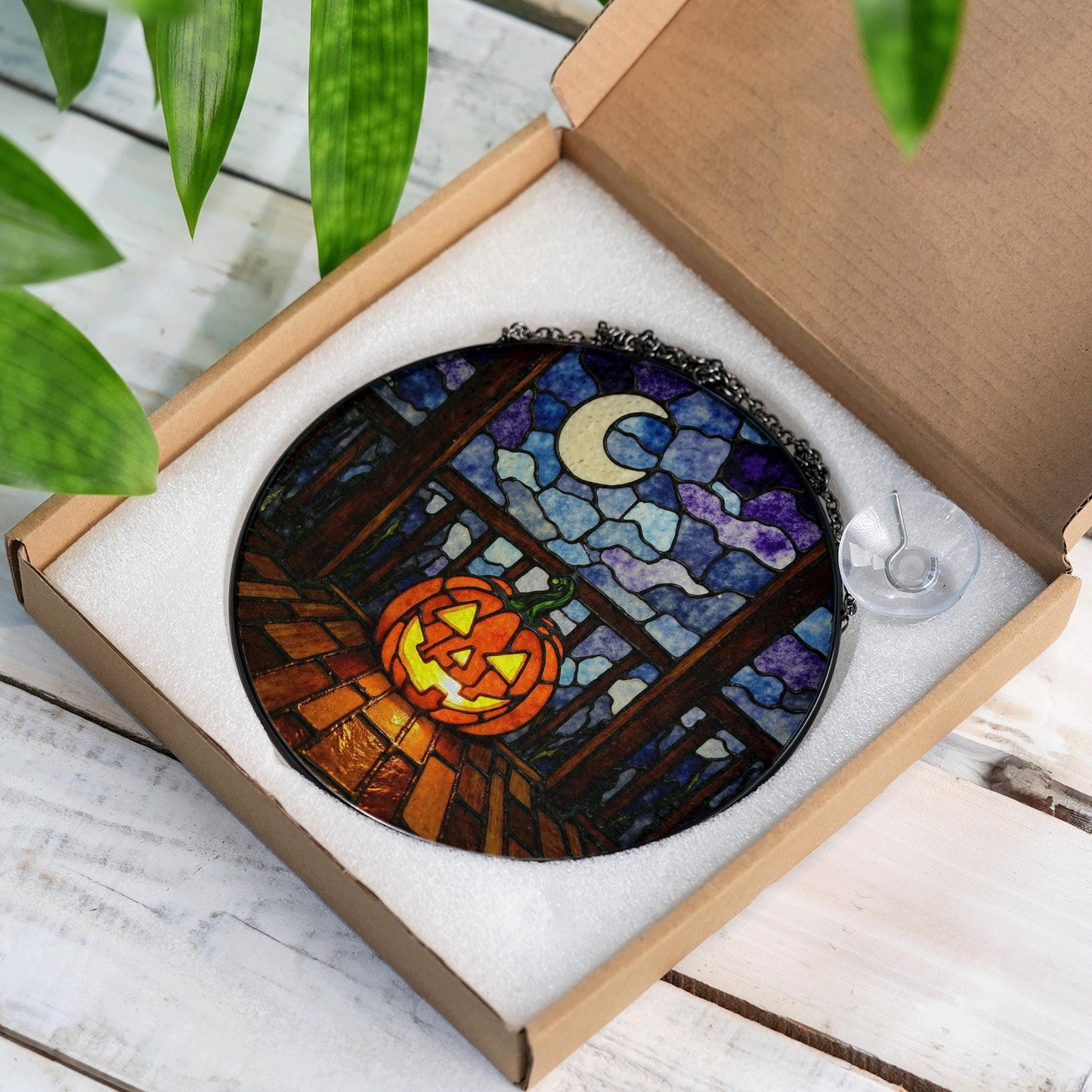 Glowing Pumpkin Moonlit Porch Halloween Stained Glass Suncatcher Gift for Mom Friends or Pumpkin Lovers