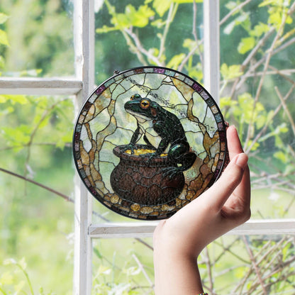 Frog with gold cauldron stained glass suncatcher witchy window decor Halloween gift for frog lover