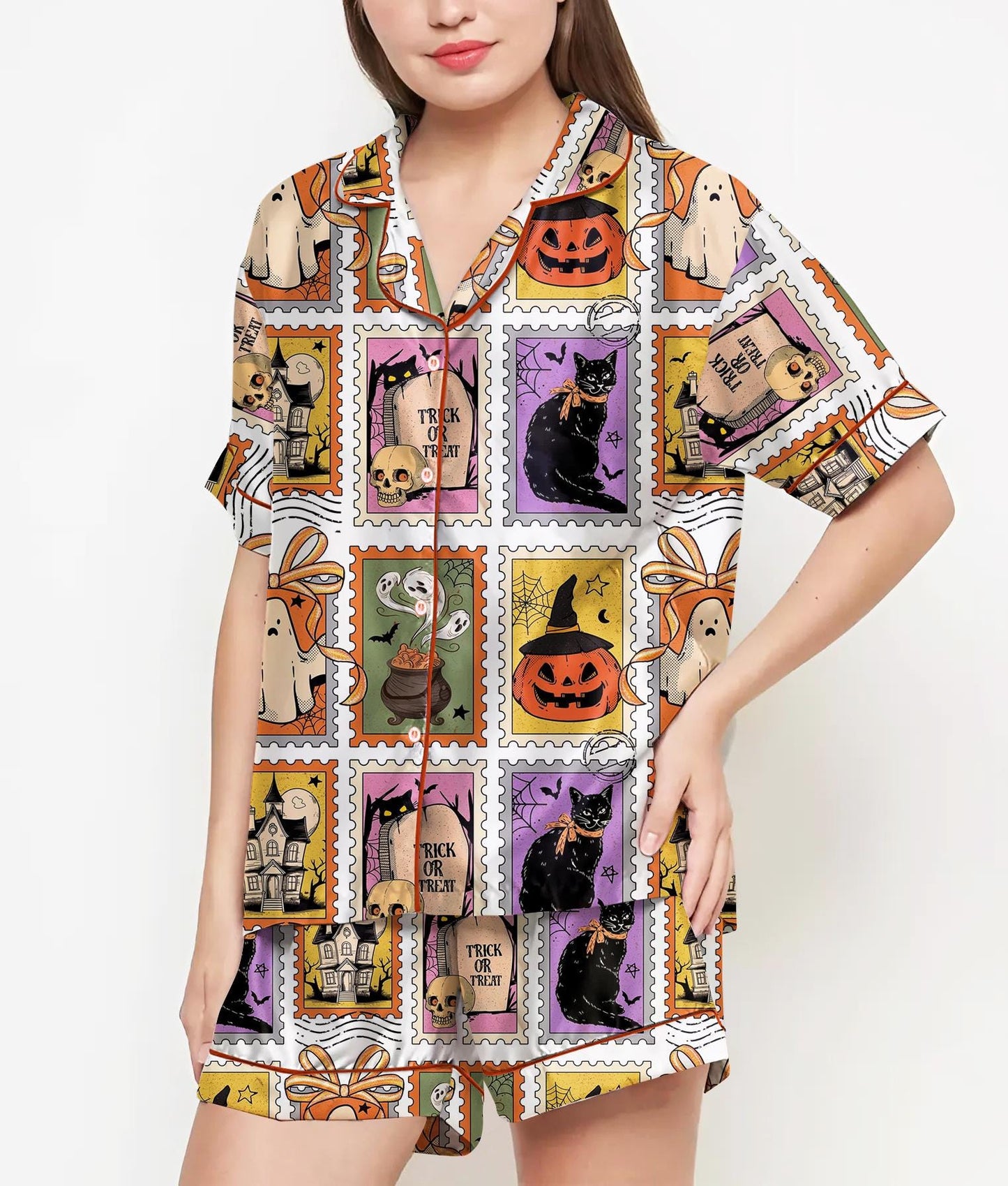 Halloween Gifts, Halloween Shirt, Pajamas Satin Set, Ghost Shirt, Cute Ghost Shirt Design, Gift For Women, Halloween Coquette, Spooky Season