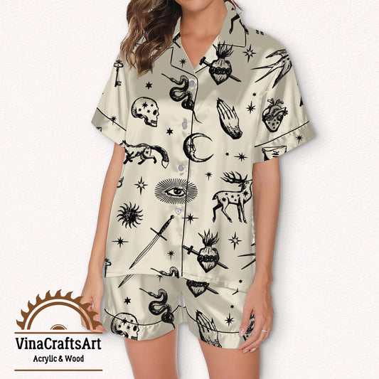 Dark Academia Pajamas Set, Gothic Satin Short Sleeve Sleepwear, Aesthetic Loungewear for Book Lovers, Cottagecore Girls Pajamas