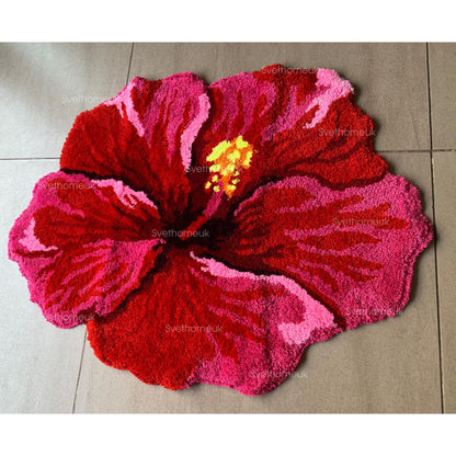 Red Hibiscus Flower Flocking Rug Floral bath mat Bath Mat Non-slip Absorbent Microfiber