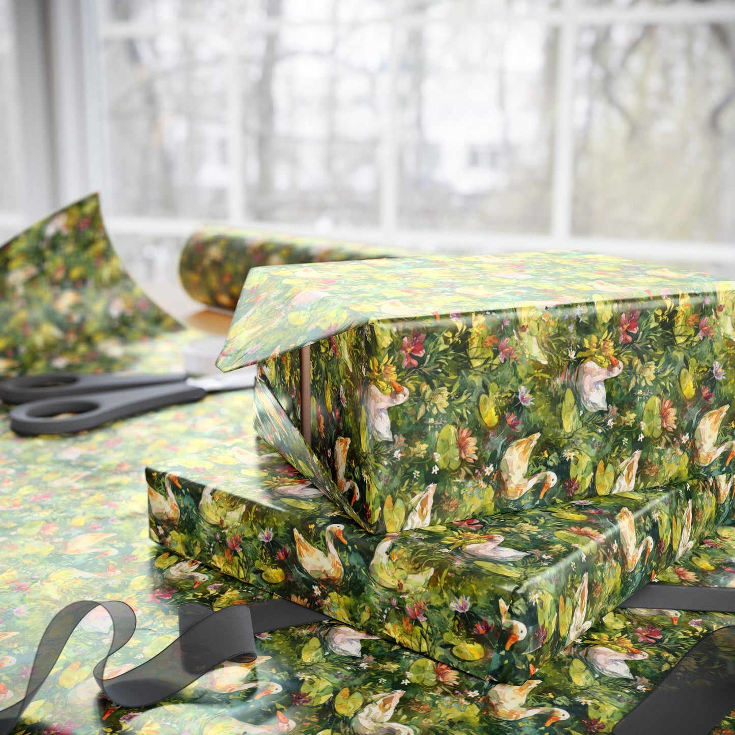 Goose and Botanical Flower Wrapping Paper for Country Birthday Garden party Baby Shower Gift Wrap, Wrapping rolls for Spring Summer wedding