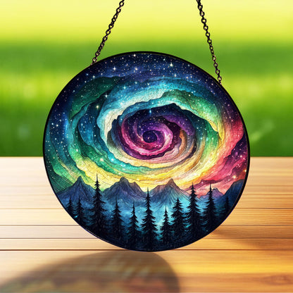 Galaxy Swirl Stained Glass Suncatcher – Rainbow Night Sky Window Hanging with Forest and Stars, Cosmic Art Decor for Nature or Space Lovers