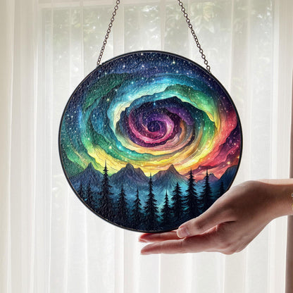 Galaxy Swirl Stained Glass Suncatcher – Rainbow Night Sky Window Hanging with Forest and Stars, Cosmic Art Decor for Nature or Space Lovers
