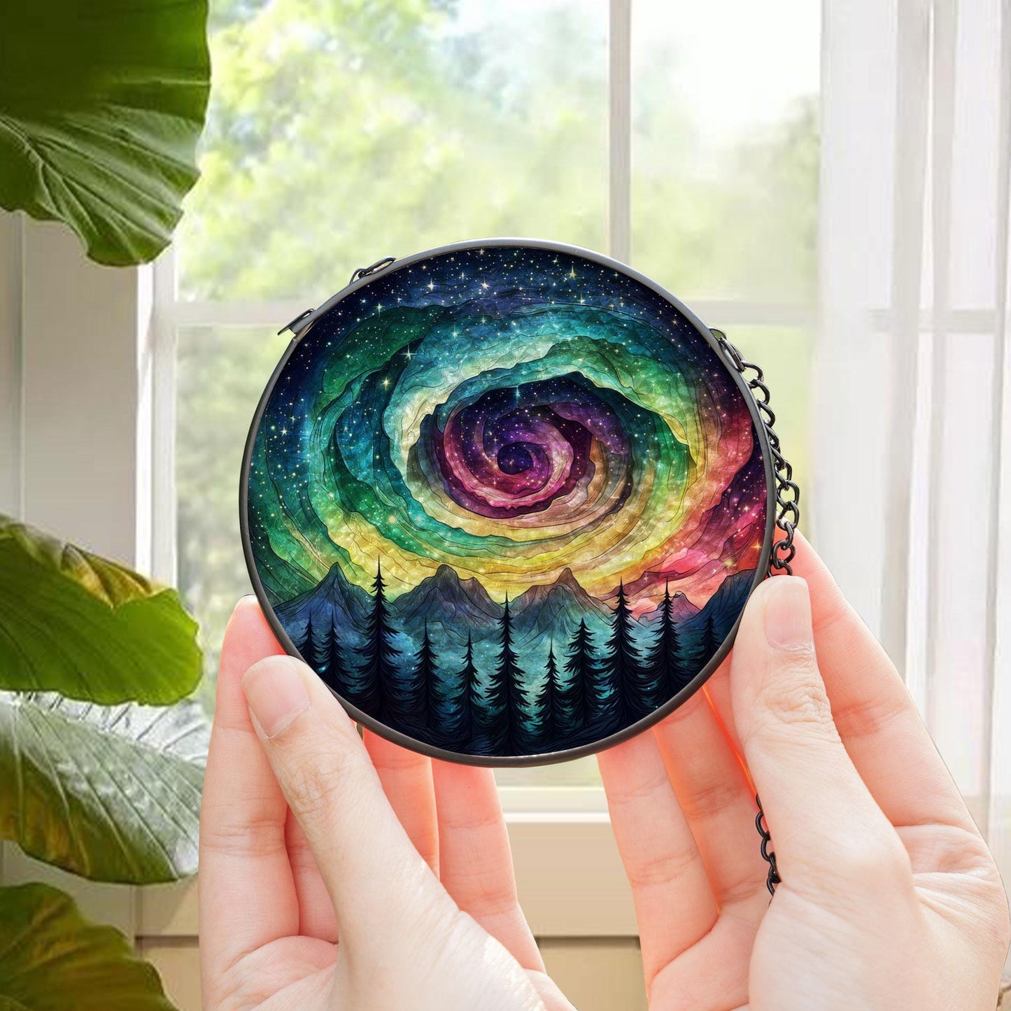 Galaxy Swirl Stained Glass Suncatcher – Rainbow Night Sky Window Hanging with Forest and Stars, Cosmic Art Decor for Nature or Space Lovers