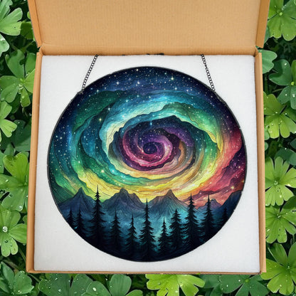Galaxy Swirl Stained Glass Suncatcher – Rainbow Night Sky Window Hanging with Forest and Stars, Cosmic Art Decor for Nature or Space Lovers