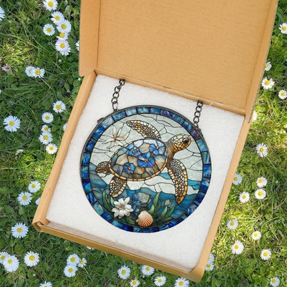 Floral Turtle Stained Glass Suncatcher, Sea Turtle and Flowers Window Hanging, Turtle Lovers Gift, Ocean Animal Lover Home Decoration