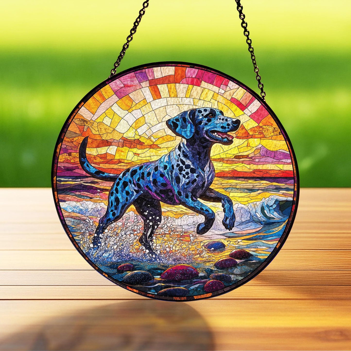 Dalmatian Dog Beach Stained Glass Suncatcher, Dog Memorial Sun Catcher for Pet Lovers, Rainbow Bridge Decor, Beach Window Hanging Glass Art
