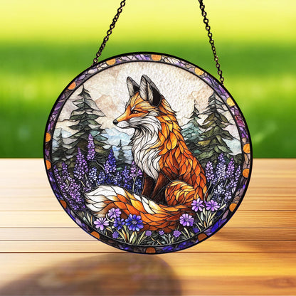 Fox Stained Glass Suncatcher – Woodland with Red Fox and Purple Flowers, Nature Decor, Gift for Forest and Animal Lovers, Forest Wall Decor
