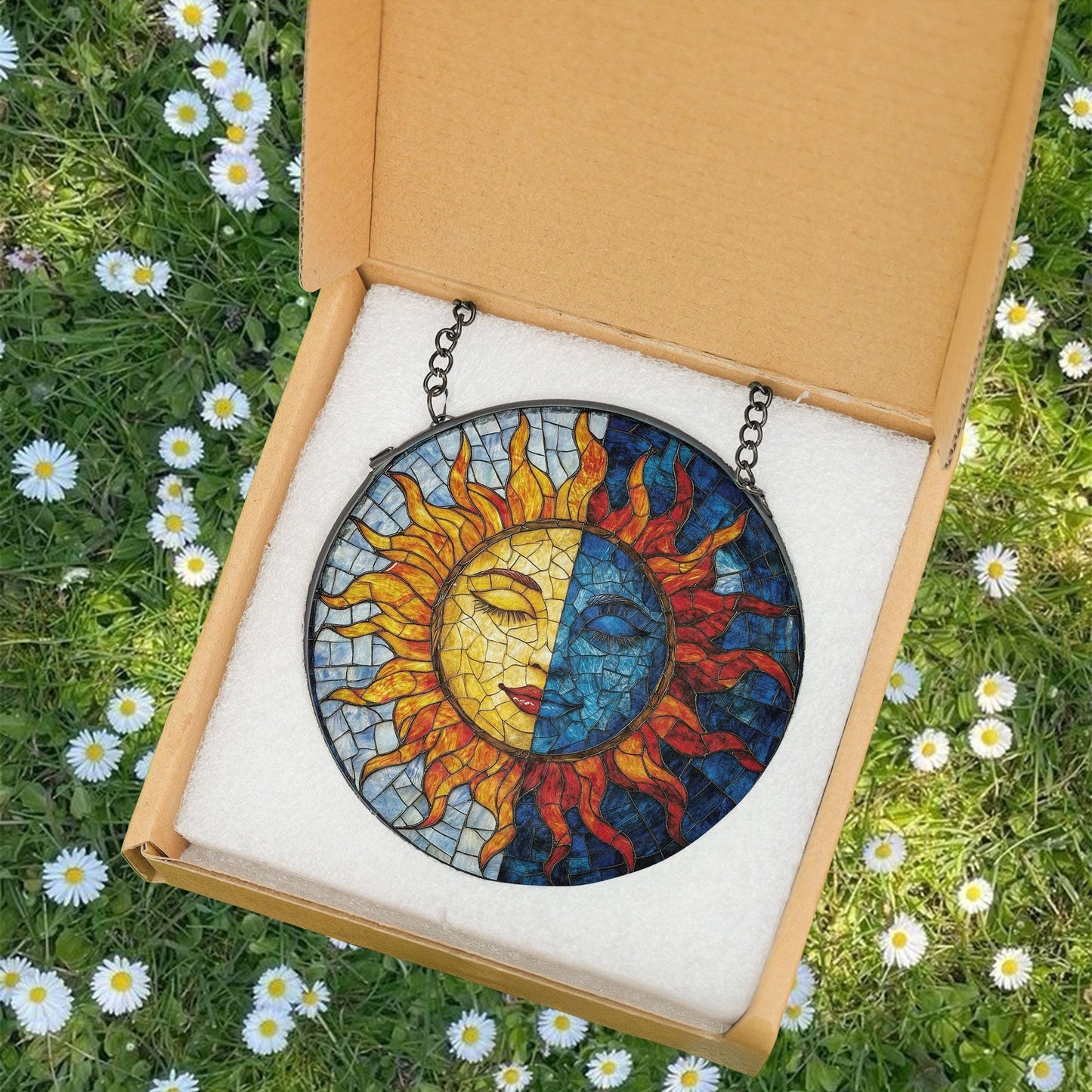 Sun and Moon Face Stained Glass Suncatcher, Celestial Decor for Boho Home, Spiritual Decor, Astrology Lovers Gift, Sun Suncatcher Ornament