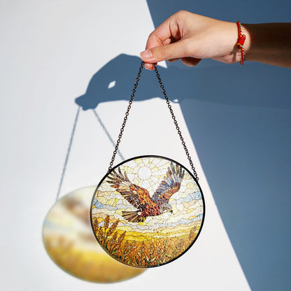 soaring hawk over golden wheat field stained glass suncatcher window decor gift for dad or nature lover