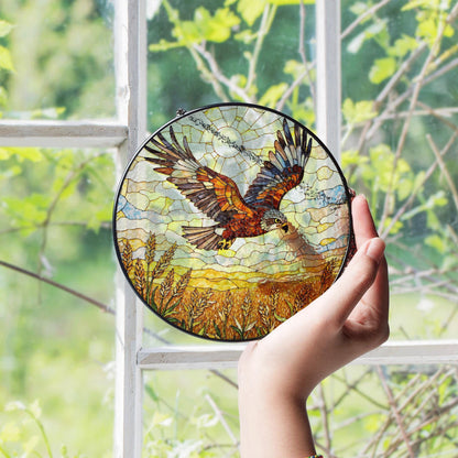 soaring hawk over golden wheat field stained glass suncatcher window decor gift for dad or nature lover