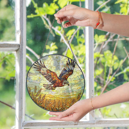 soaring hawk over golden wheat field stained glass suncatcher window decor gift for dad or nature lover