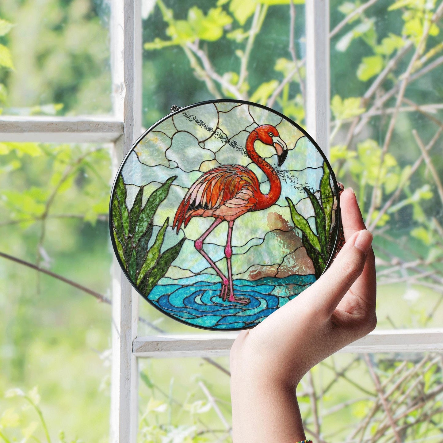 Pink Flamingo Stained Glass Suncatcher Window Decor for Nature Lovers Mothers Day Gift