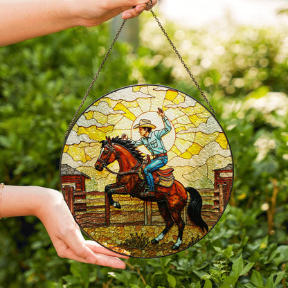 Cowboy on Horseback Stained Glass Western Suncatcher Window Art Gift for Father or Western Decor Lovers