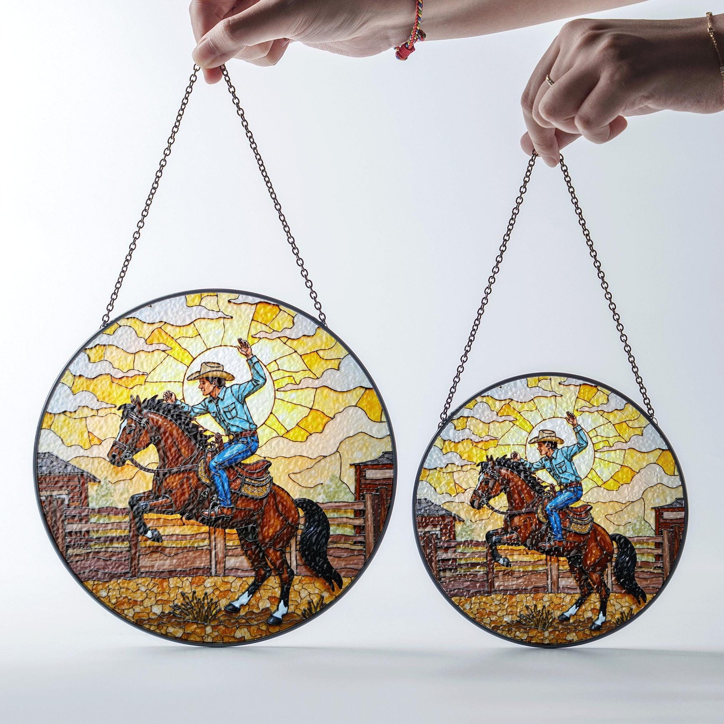 Cowboy on Horseback Stained Glass Western Suncatcher Window Art Gift for Father or Western Decor Lovers