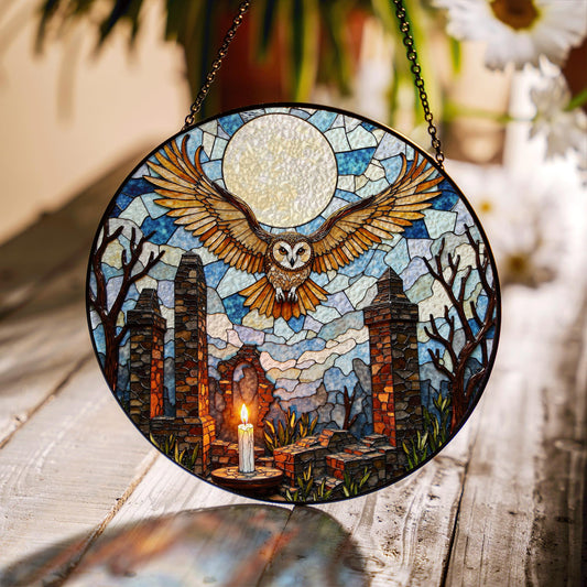 Full moon owl ruins stained glass suncatcher gothic window decor Halloween gift