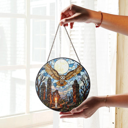Full moon owl ruins stained glass suncatcher gothic window decor Halloween gift