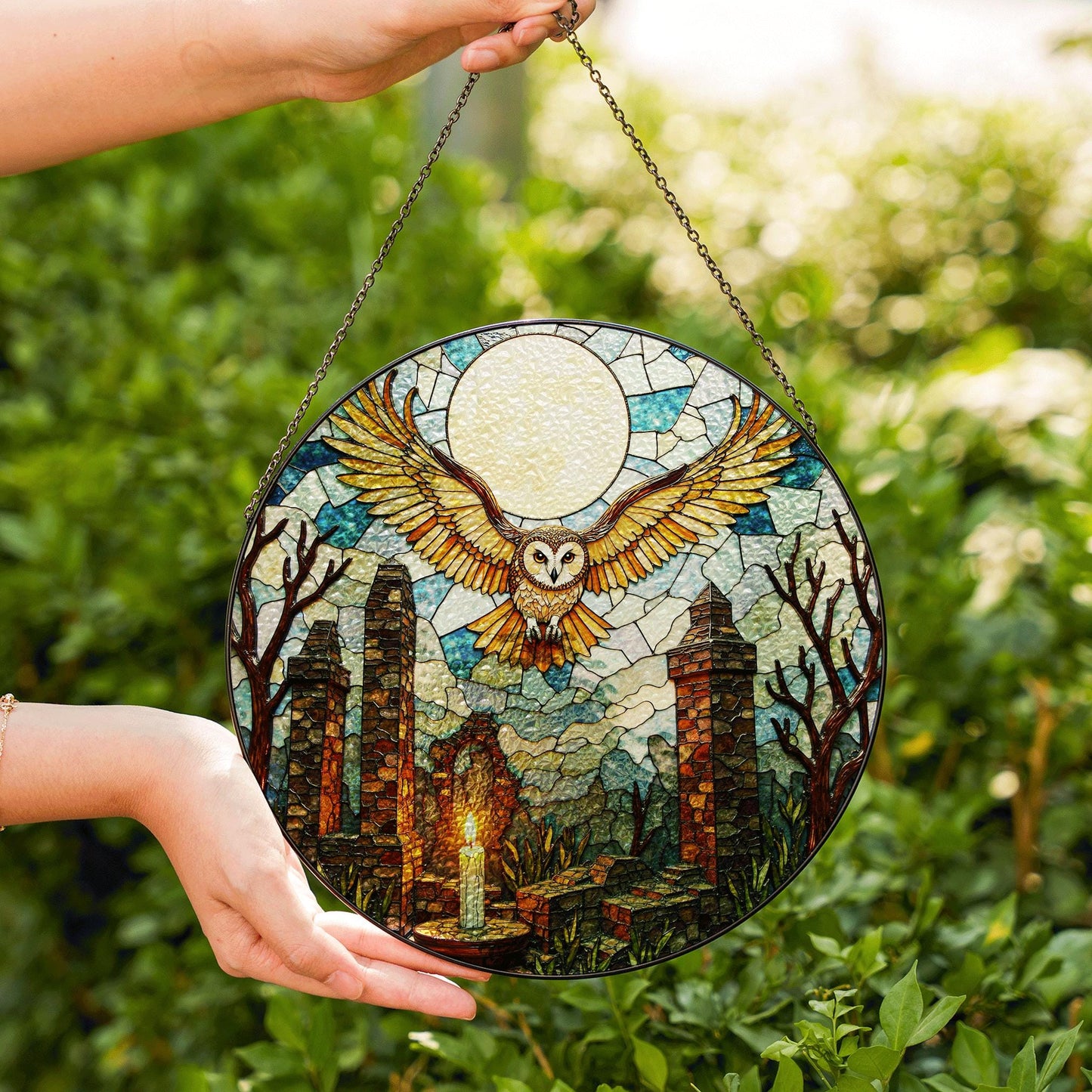 Full moon owl ruins stained glass suncatcher gothic window decor Halloween gift