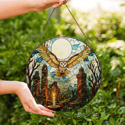 Full moon owl ruins stained glass suncatcher gothic window decor Halloween gift