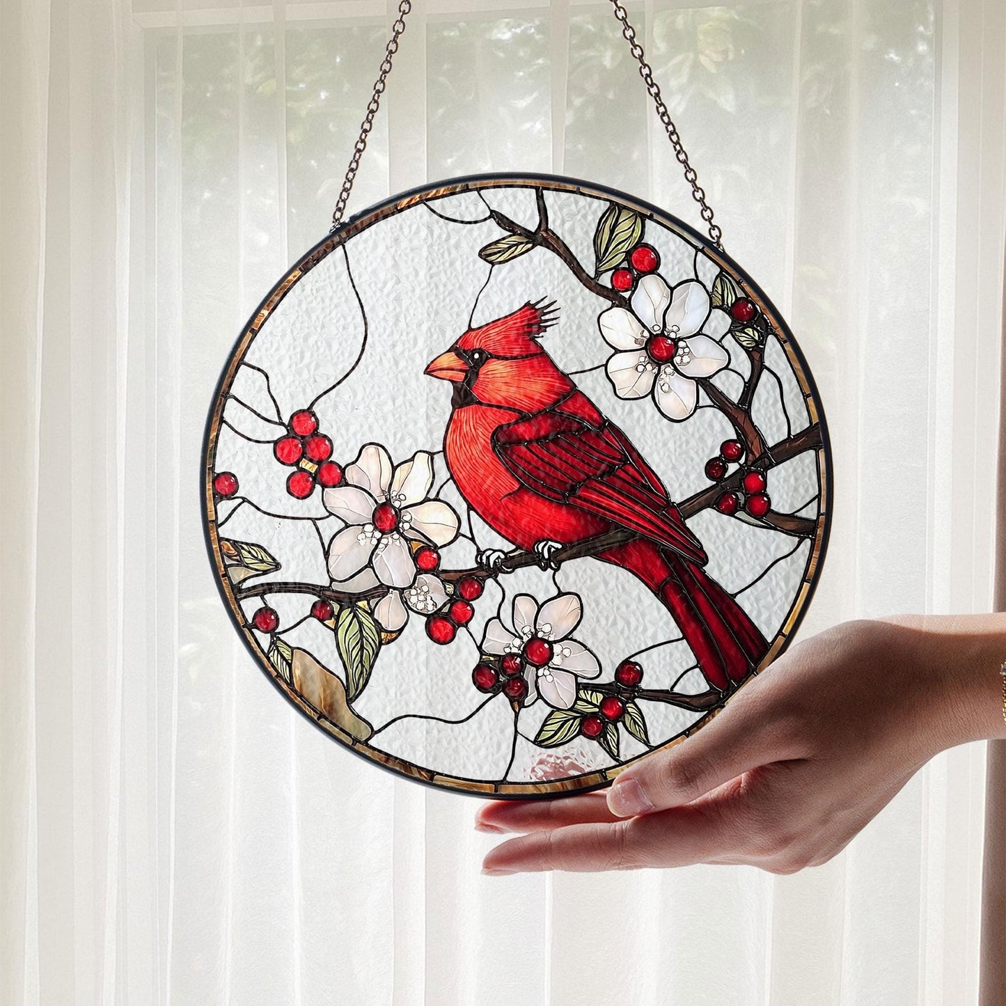 Cardinal Stained Glass Suncatcher, Bird Lover Gift, Bird Glass Suncatcher, Memorial Suncatcher, Bird Memorial Gift, Red Cardinal Ornament