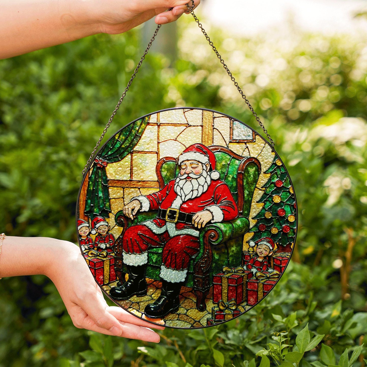 Santa Claus Christmas Window Suncatcher Stained Glass Ornament Holiday Decor Gift for Grandma Mom Friend
