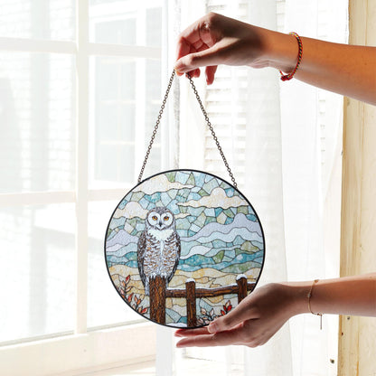 Owl perched on wooden fence stained glass suncatcher rustic window decor gift for bird lovers and nature moms