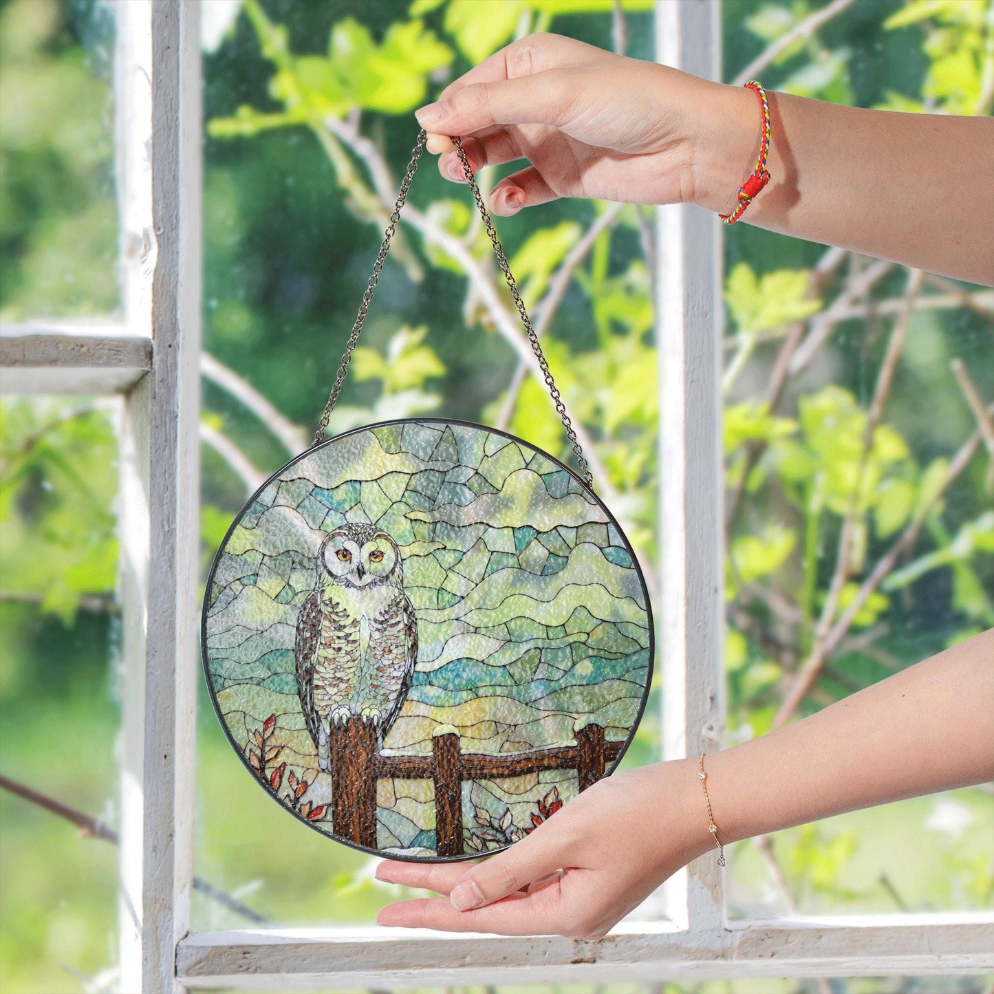 Owl perched on wooden fence stained glass suncatcher rustic window decor gift for bird lovers and nature moms