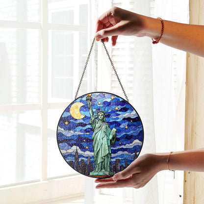 Statue of Liberty under moonlit sky stained glass suncatcher window decor Fourth of July patriotic gift