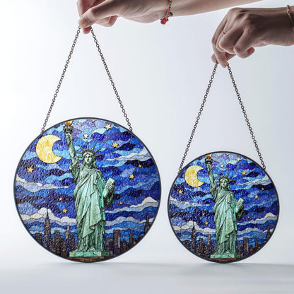 Statue of Liberty under moonlit sky stained glass suncatcher window decor Fourth of July patriotic gift
