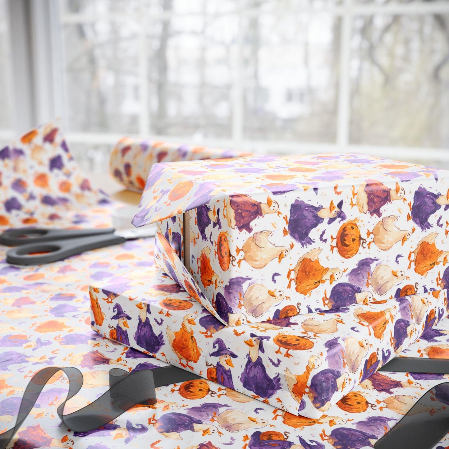 Goose and Pumpkin Halloween Wrapping Paper for October Gifts | Funny Spooky Goose Fall Farm Animal Wrap for Party Treats
