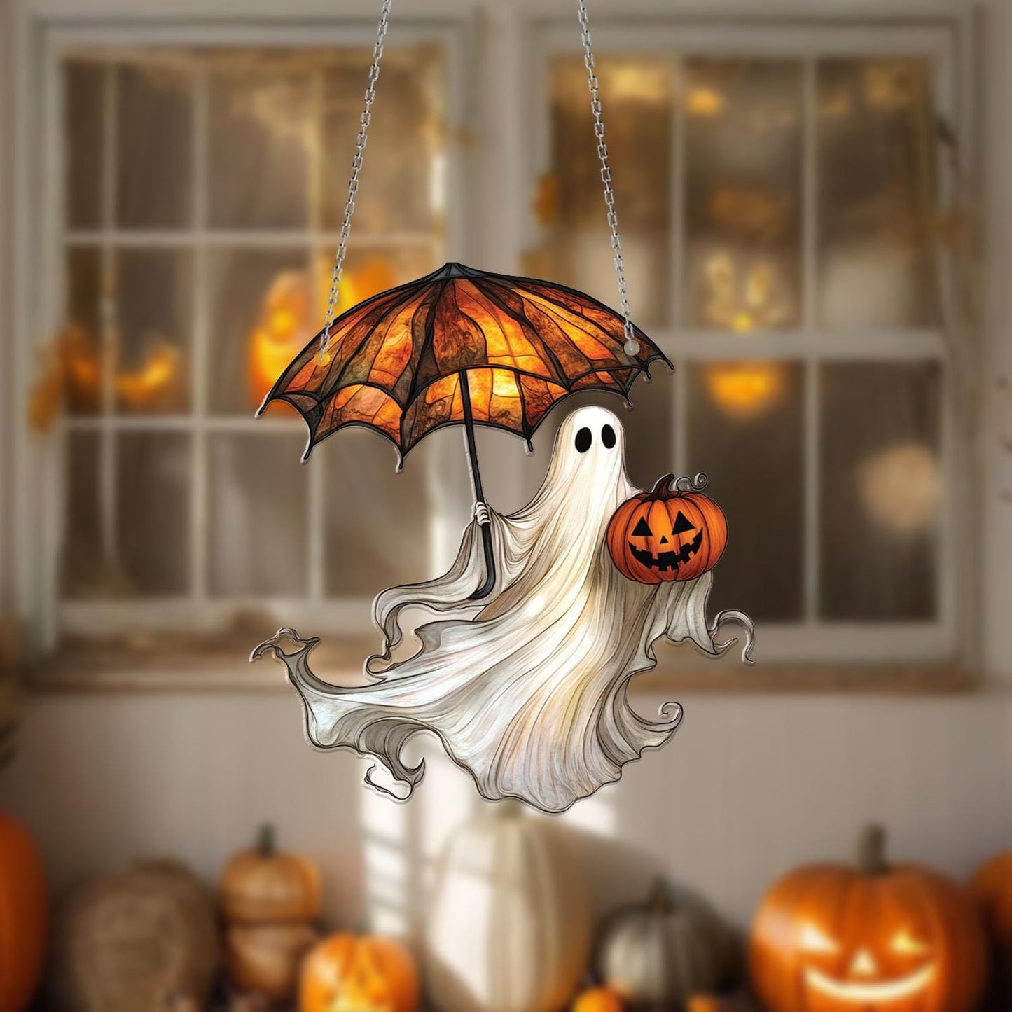 Halloween Ghost Window Hanging – Spooky Pumpkin Umbrella Decoration, Unique Haunted Home Accent and Fun Gift for Halloween Lovers