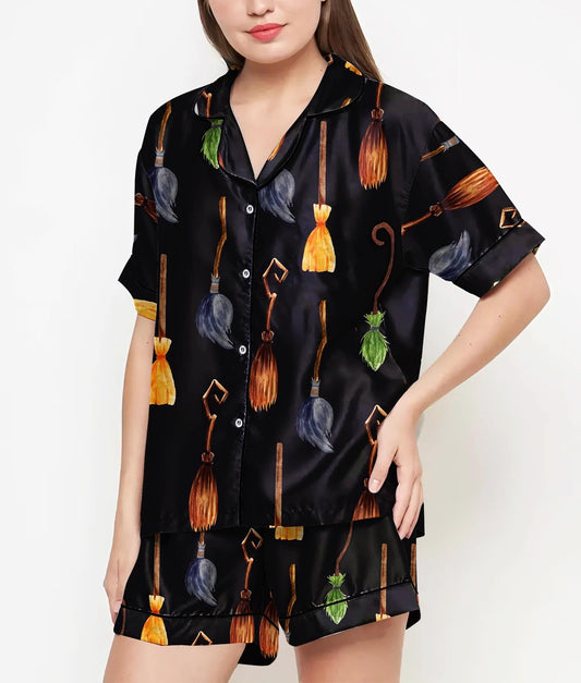 Witch Shirt, Witch Gift, Witch Broom, Halloween Party Pajama Satin Set, Spooky Season, Gift For Halloween, Witch Halloween Gift