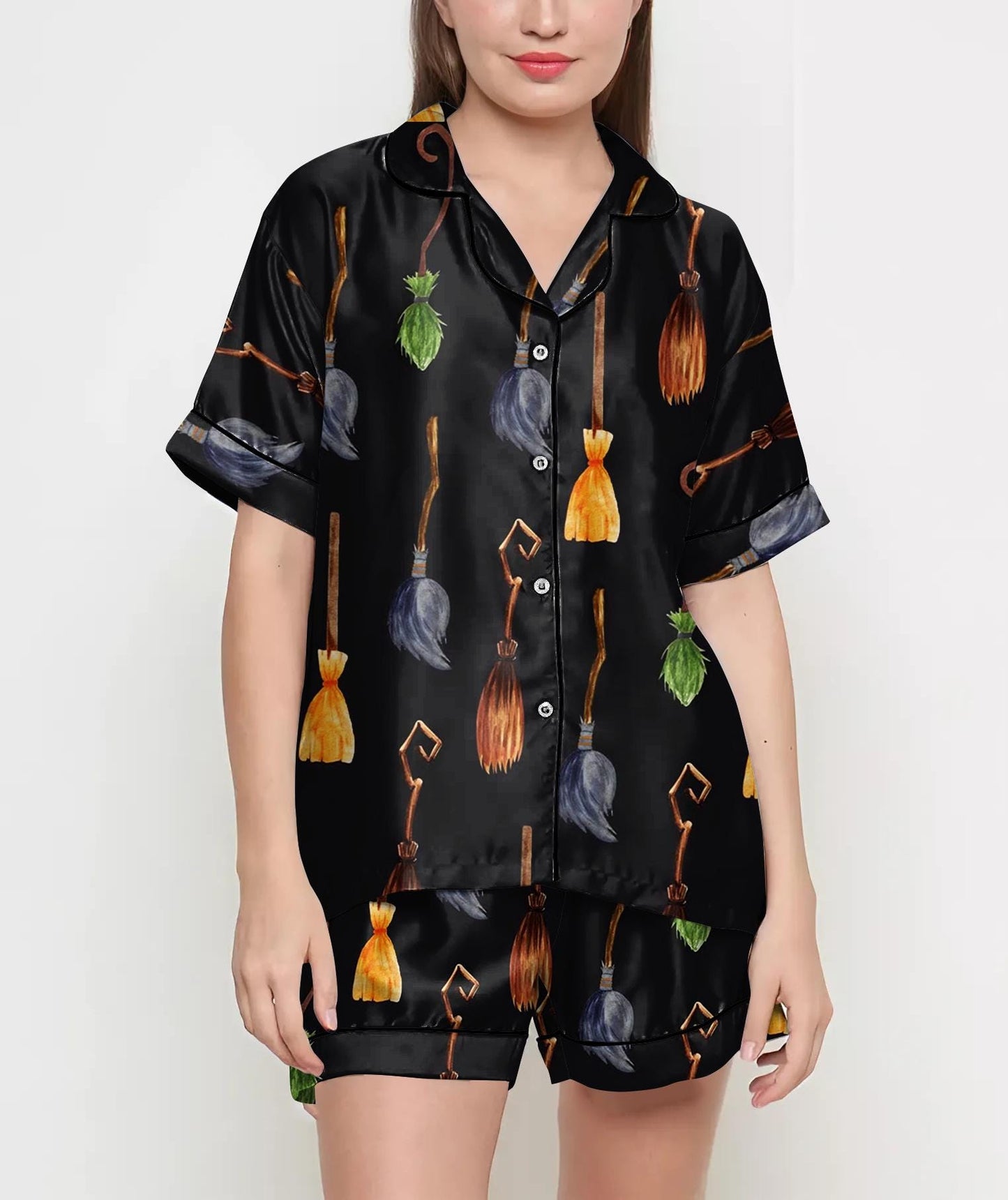 Witch Shirt, Witch Gift, Witch Broom, Halloween Party Pajama Satin Set, Spooky Season, Gift For Halloween, Witch Halloween Gift