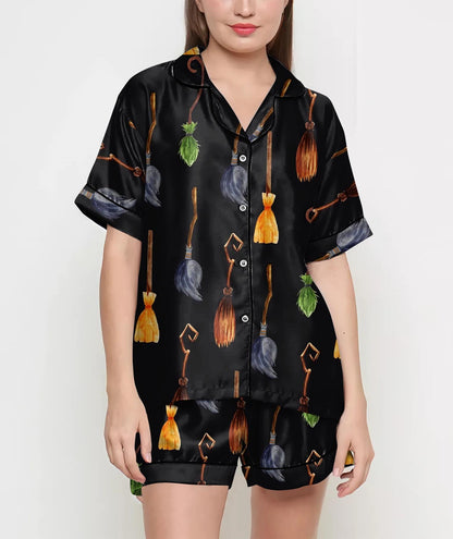 Witch Shirt, Witch Gift, Witch Broom, Halloween Party Pajama Satin Set, Spooky Season, Gift For Halloween, Witch Halloween Gift