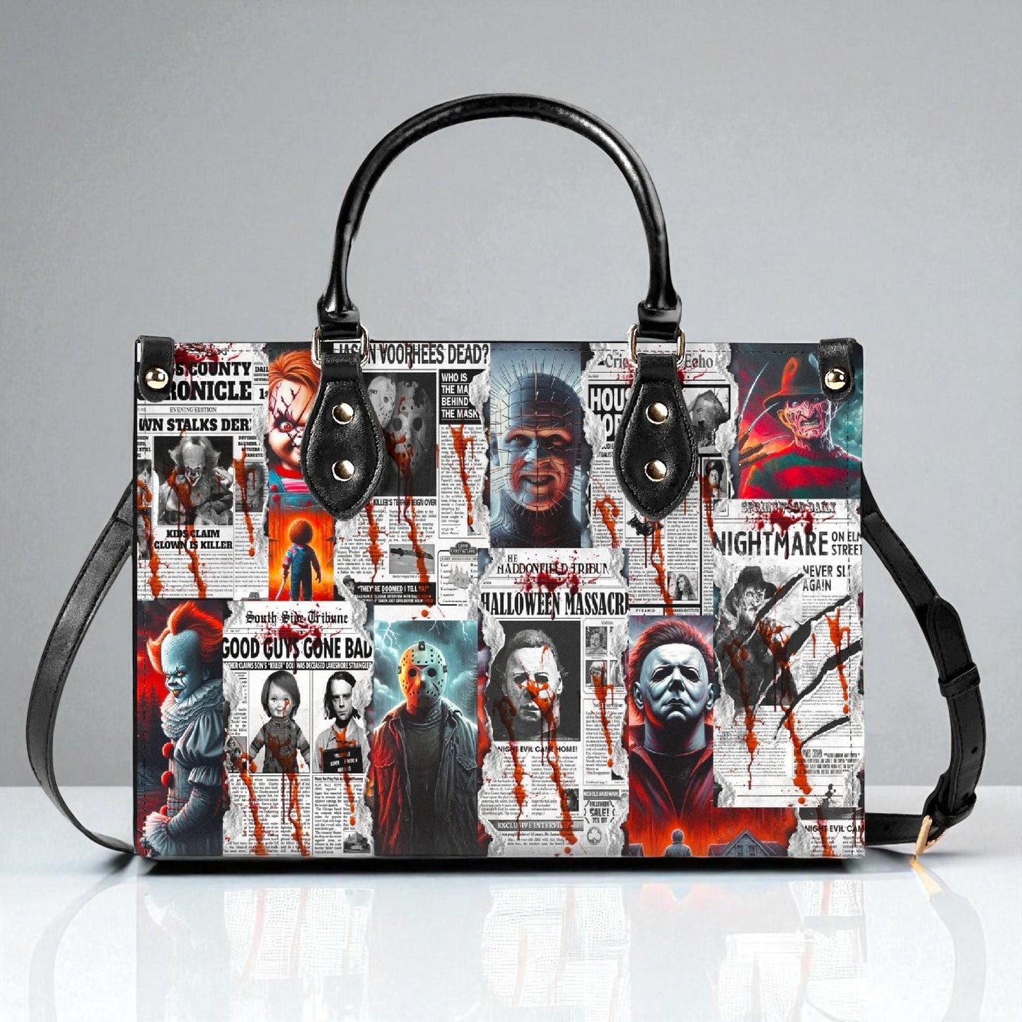 The Horror Gazette, Waterproof Vegan Leather Handbag, Top Handle, High-quality Crossbody Bag, Shoulder bag, Tote Bag, Scary movie lovers