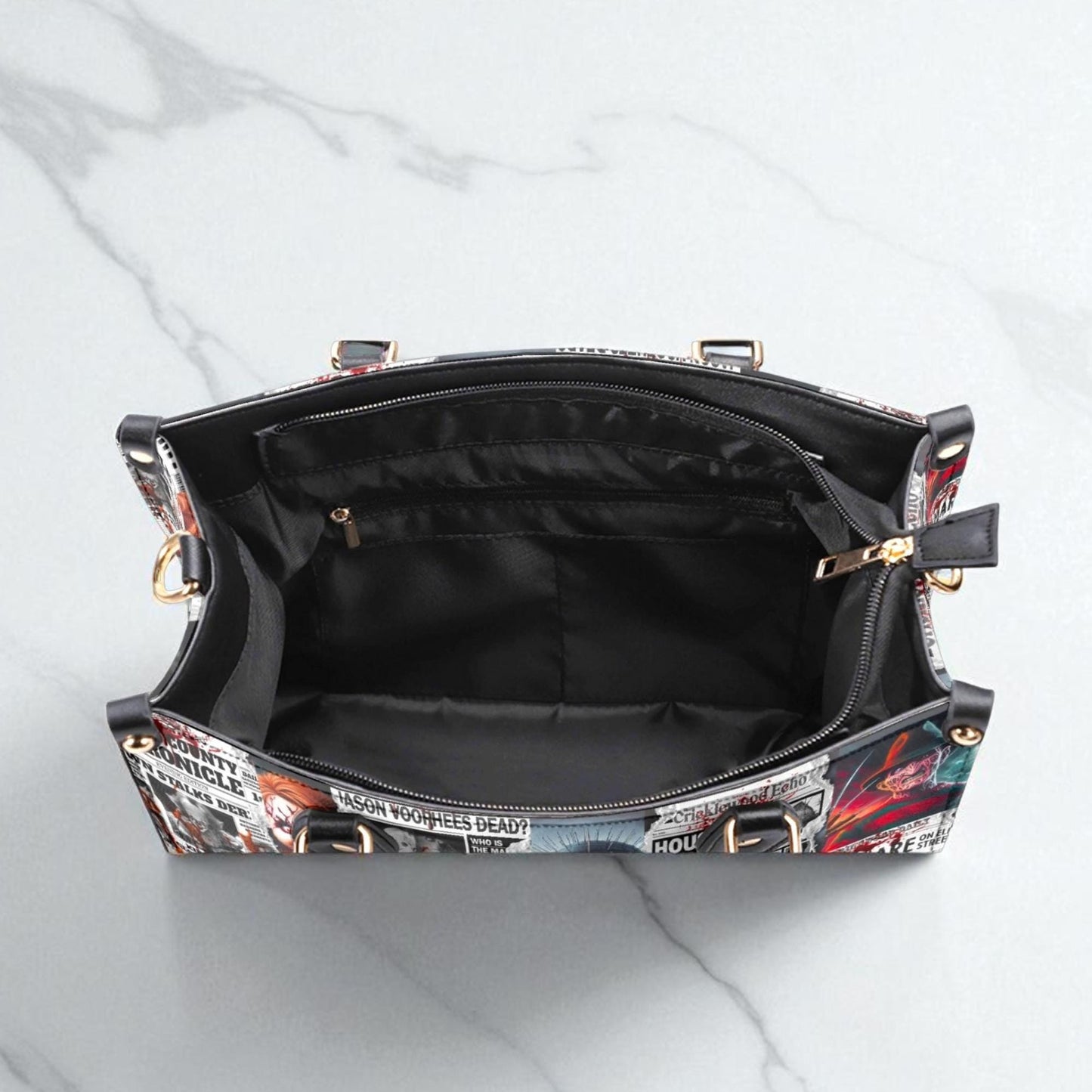 The Horror Gazette, Waterproof Vegan Leather Handbag, Top Handle, High-quality Crossbody Bag, Shoulder bag, Tote Bag, Scary movie lovers