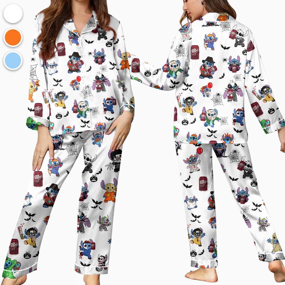Halloween Dr Pepper Stitch Pajamas Set, Halloween Silk Pajamas, Womenswear, Stitch, Dr Pepper, Halloween outfits, Dr Pepper Halloween Pajama